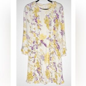By TiMo Women's Cream Flowy Ruffle Trim Mini Dress Designer Luxury Floral NWT L